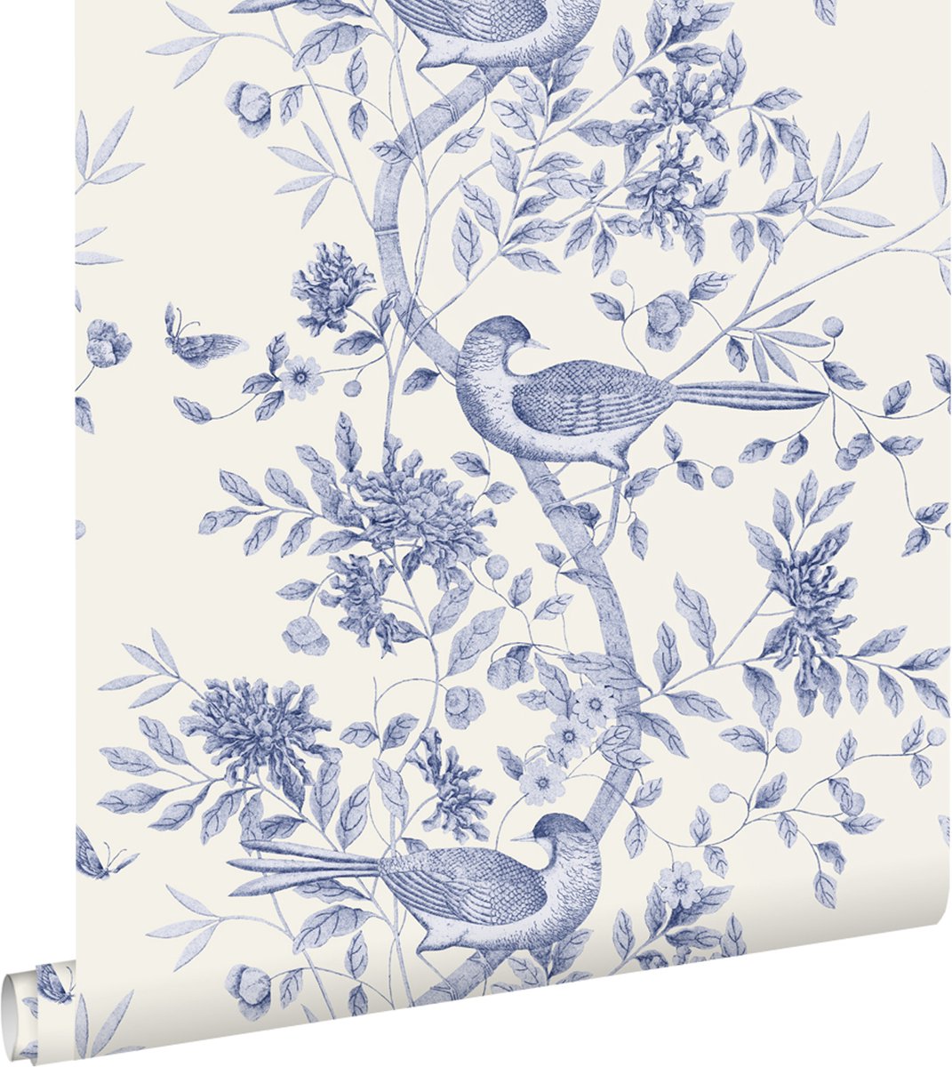 ESTAhome behang bloemen en vogels delfts blauw - 50 x 900 cm - 132115