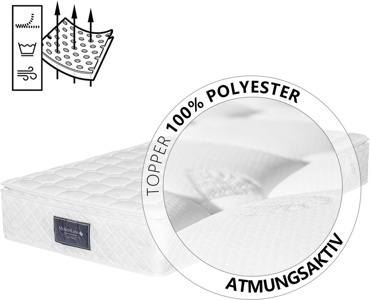 25 cm dikke binnenveringmatras, 90x200 cm, hardheidsgraad H3, individueel verpakte pocketveren, 7-zone koudschuimmatras, 100% Oeko-Tex gecertificeerd