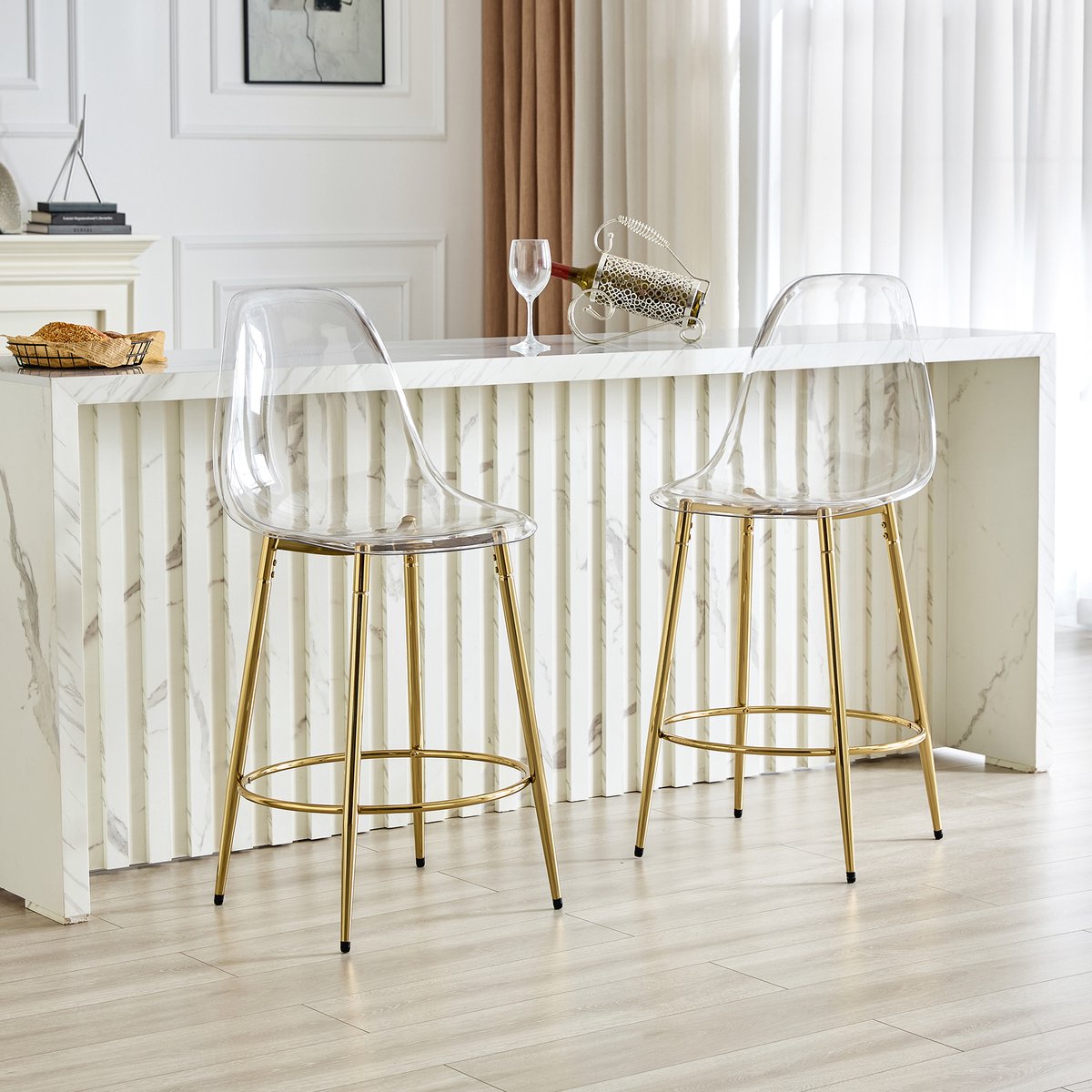 HAUSS SPOLE Barkruk Set Van 2 Transparant Met Gouden Metalen Poten Met Rugleuning En Voetsteun Voor Keuken Eiland En Bar Modern Design