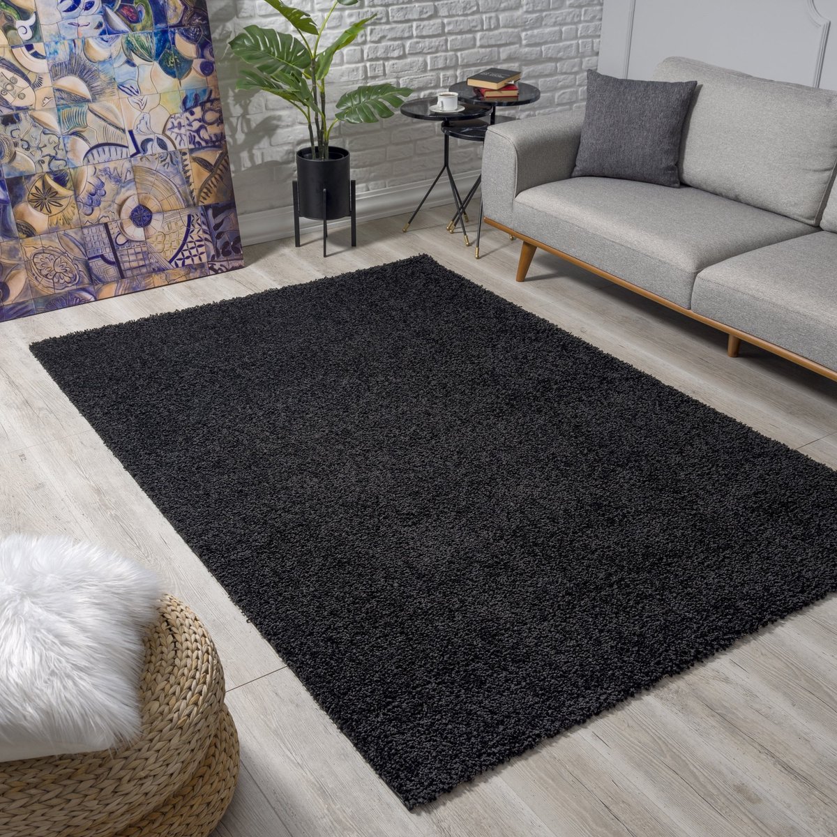 Muratap Loca Shaggy Vloerkleed – Modern Uni Effen – Zwart Hoogpolig & Zacht- 140x200 CM