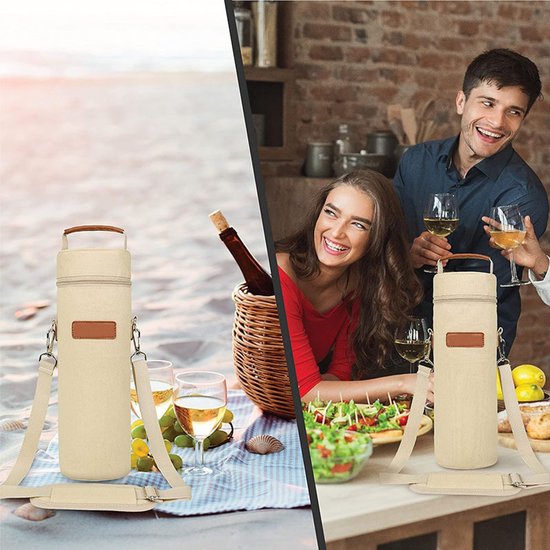 Wijntas voor 1 fles - geïsoleerde wijnkoeltas met handvat, herbruikbare draagtas voor picknick, strand, diner en onderweg - beige — afbeelding 4
