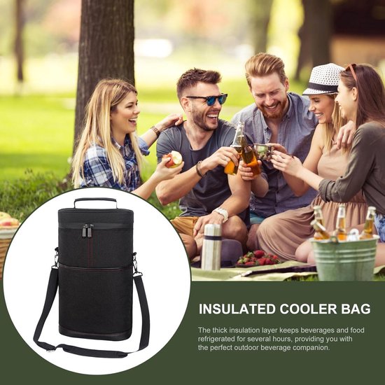 Wijntas geïsoleerd - wijnkoeltas met draaghengsels voor veilig vervoer van wijnflessen, geschikt voor picknick, diner, reizen en cadeau geven - zwart — afbeelding 3