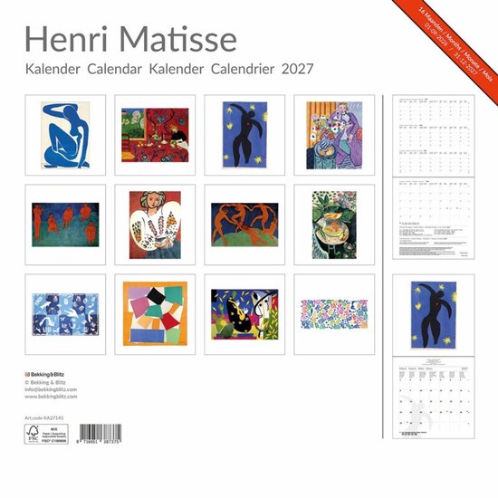 Henri Matisse Kalender 2027 met een overzicht van 16 werken van Matisse, inclusief kalenderpagina's.