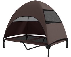 Hondenstretcher met dak - Verhoogd hondenbed - Hondenligbed buiten - Zonnebed - Zonnedak - Op poten - Stevig - Verkoelend - Tuin - 106x76x99cm - 1 Stuk - Bruin