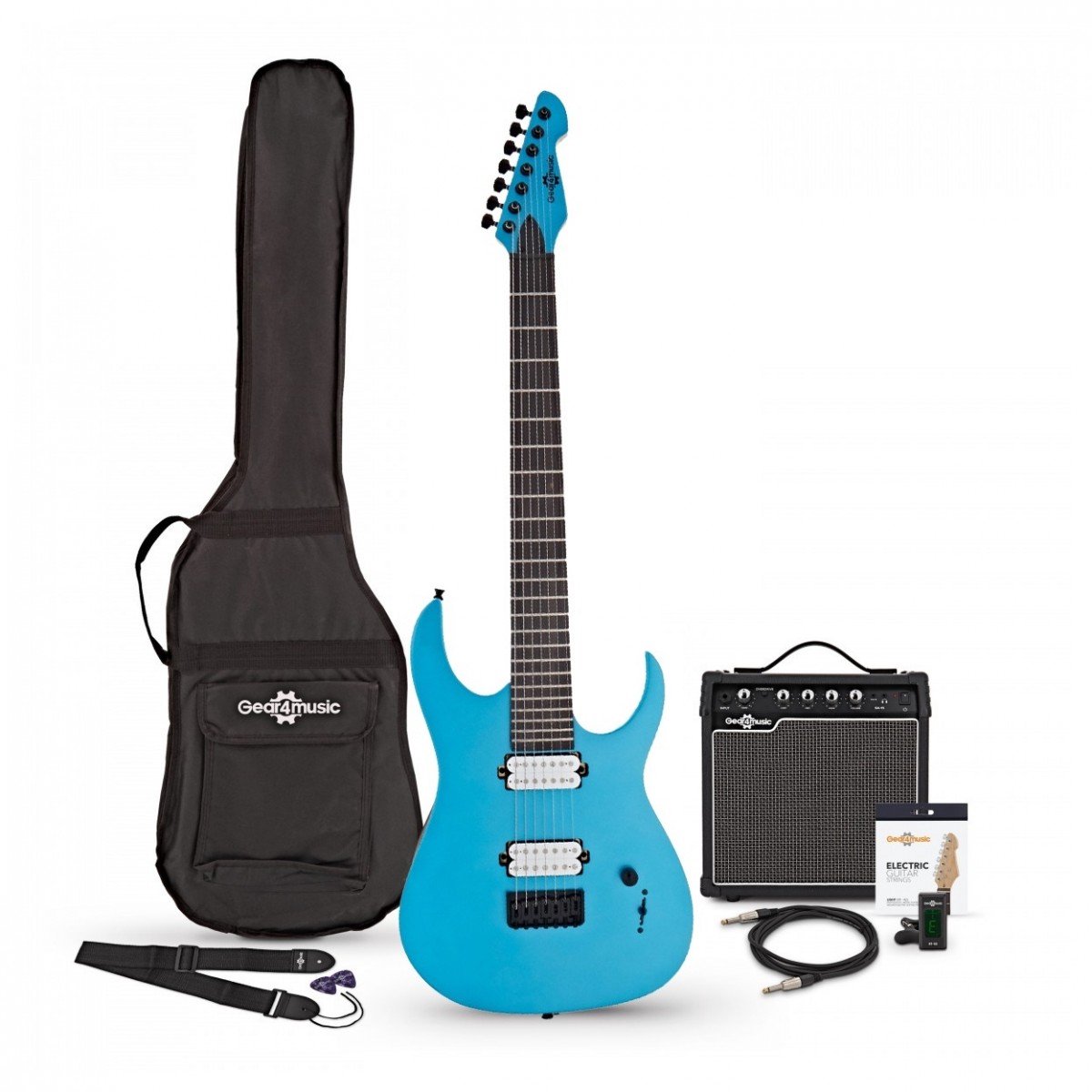 Harlem S 7-snarige Elektrische Gitaar + 15W Versterkerpakket, Blue Sparkle