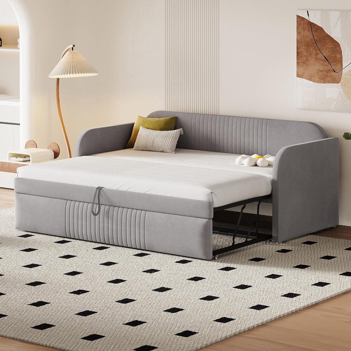 Bedbank – Slaapbank – Uitschuifbed – Slaapsofa – Bankbed – Uitklapbaar – Ademend Linnen – Lattenbodem – 90x190/180x190 cm – Lichtgrijs