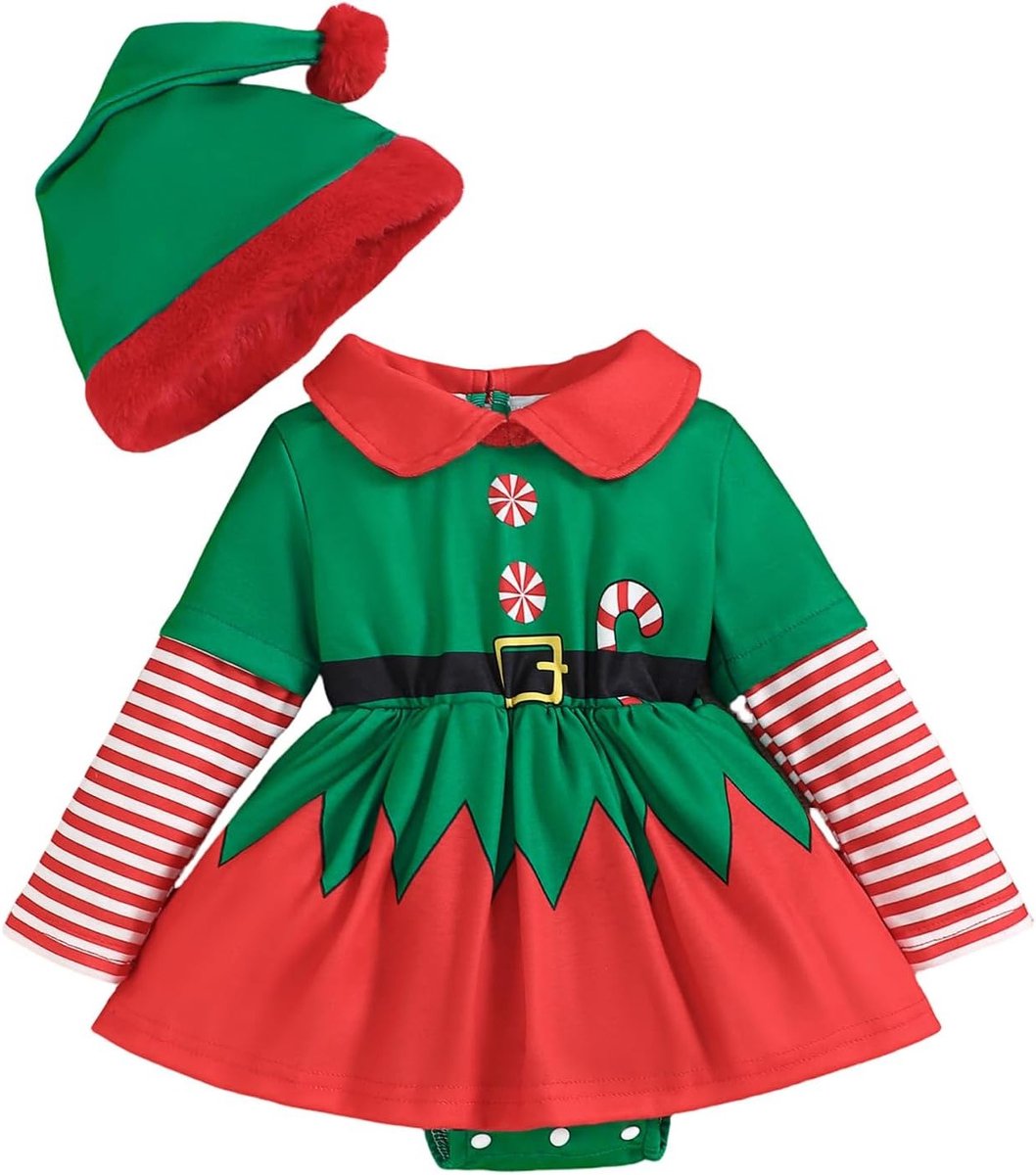 Schattig kerstkostuum voor kinderen met Santa-hat en overall voor meisjes - Perfect voor de eerste kerst!