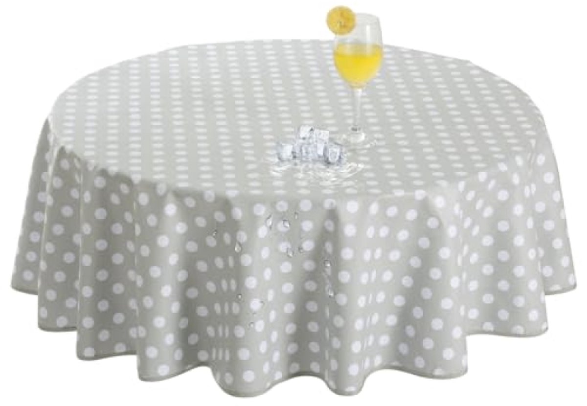 PromoHome Rond tafelkleed 140 cm - Weerbestendig PVC tafelkleed 350GSM - Afwasbaar voor tuin, terras, eettafel en feesten - Grijs met stippen