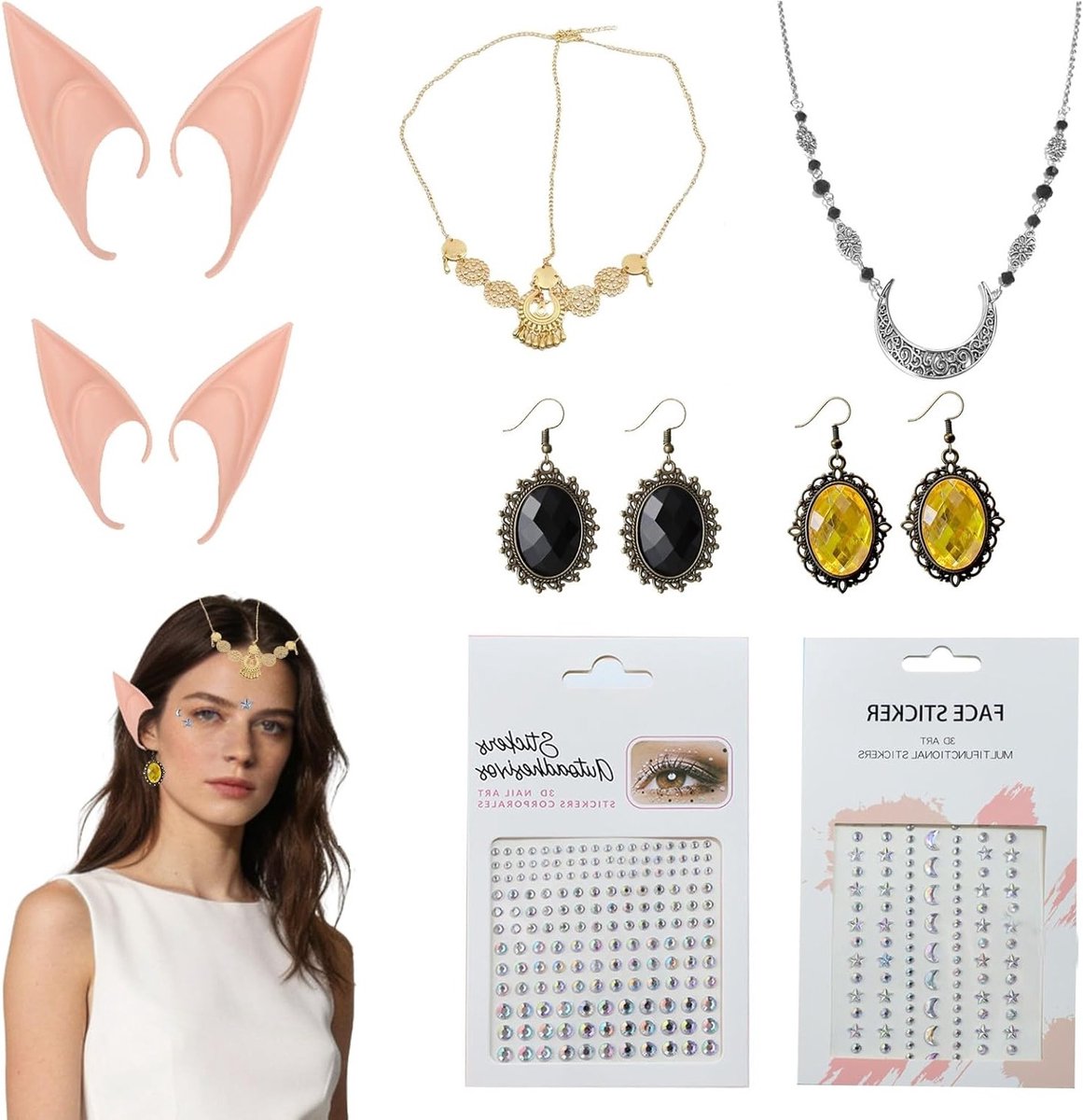 Elegante Tiara en Elforen Set met 2 Paar Siliconen Elforen, Zwarte Kristallen Haaraccessoire en Gouden Voorhoofdjuwelen voor Fantasie- en Kostuumfeesten, Inclusief Diamanten Gezichtsstickers