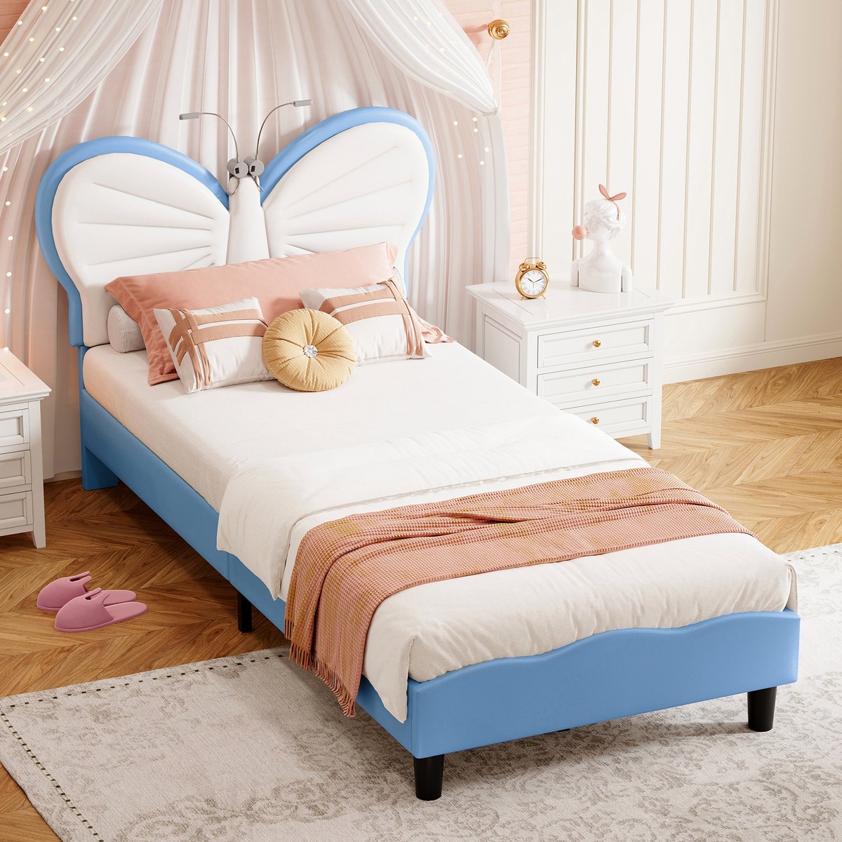 Kinderbed 90x200 cm – Eenpersoonsbed met Vlinder Hoofdbord, 2 Leeslampjes en Verstelbare H