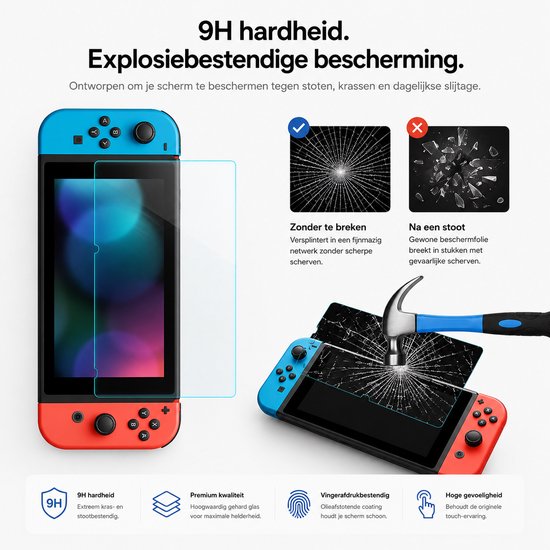 Een Switch-console met een screenprotector. Boven een gebroken screenprotector en een gebroken screenprotector onder een hamer.