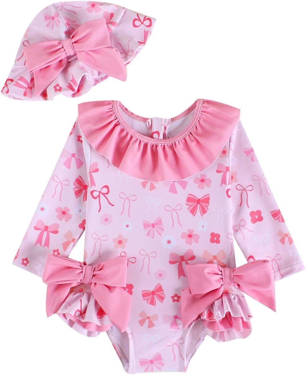 Zomerse Baby Meisjes Badpak met Lange Mouwen en Zonnehoed - UV Bescherming, Zwemkleding en Comfortabele Pasvorm