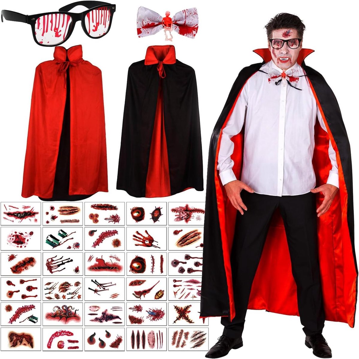 Zwarte en Rode Vampier Cape Kostuum van 150 cm met 30 Tatoeages, Strik en Bloedbril voor Halloween Feestjes