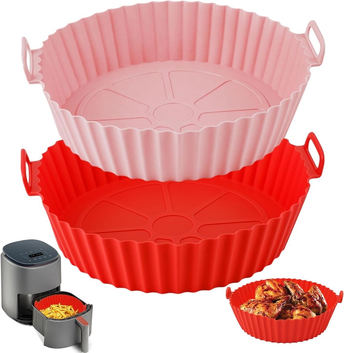 Herbruikbare Siliconen Bakvormen voor Airfryer, Magnetron en Oven - Ronde Silicone Moulds in Roze en Rood, Perfect voor Gezond Koken en Bakken