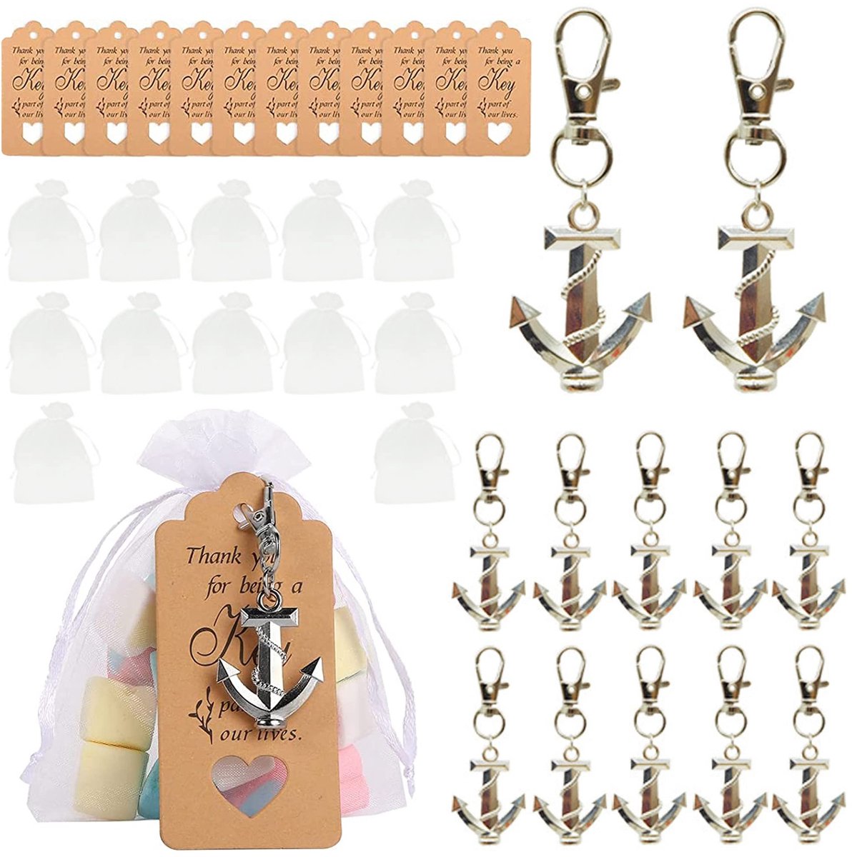 Dailygoods- Sleutelhanger Anker - 12 Stuks - Kraftlabel - Organza Zakje - Geschenken - Doop/Communie - Uniek Cadeau - Bedankjes