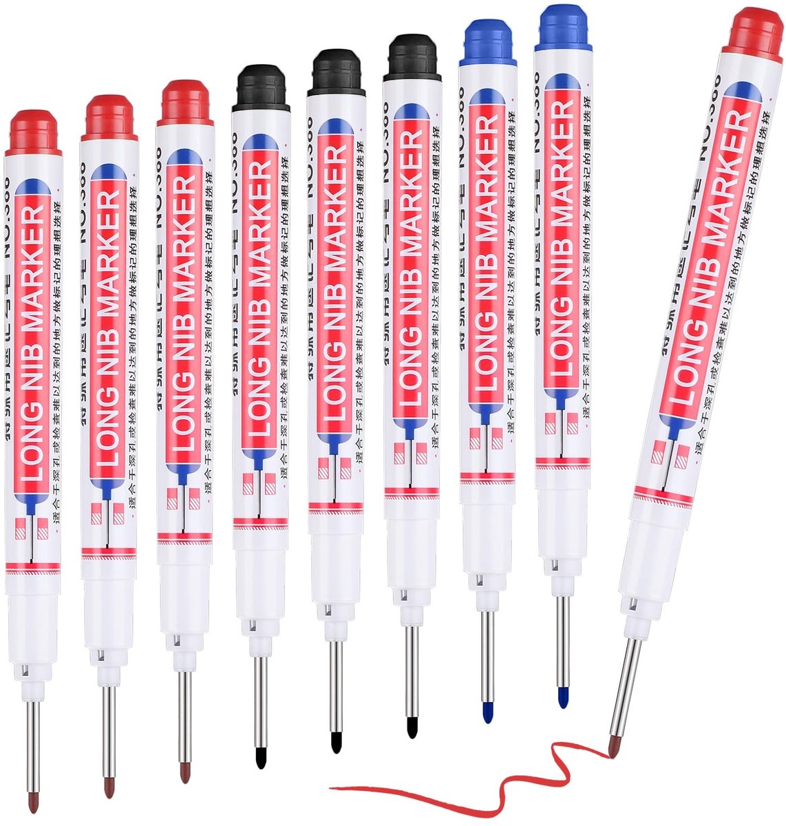 Dailygoods- Gatmarker 8 Stuks - Waterdichte Marker - Diepe Punt - Hoogwaardig PP-Kunststof - Zwart/Rood/Blauw - Nauwkeurig Gereedschap - Markeerstift