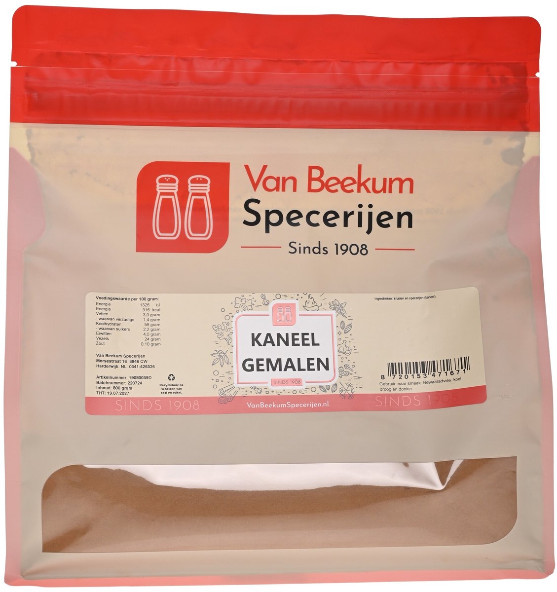 Van Beekum Specerijen - Kaneel Gemalen - 800 Gram (hersluitbare stazak)