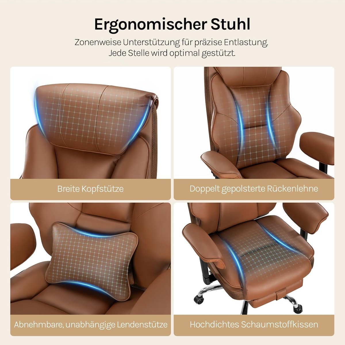 Ergonomische Bureaustoel Bruin - House&Garden ExecutiveComfort Pro XL - Verstelbare Lendensteun - Voetensteun - Hoge Rugleuning - Directiestoel - Luxe Kantoorstoel - Gaming Stoel - Bureaustoel 150 kg