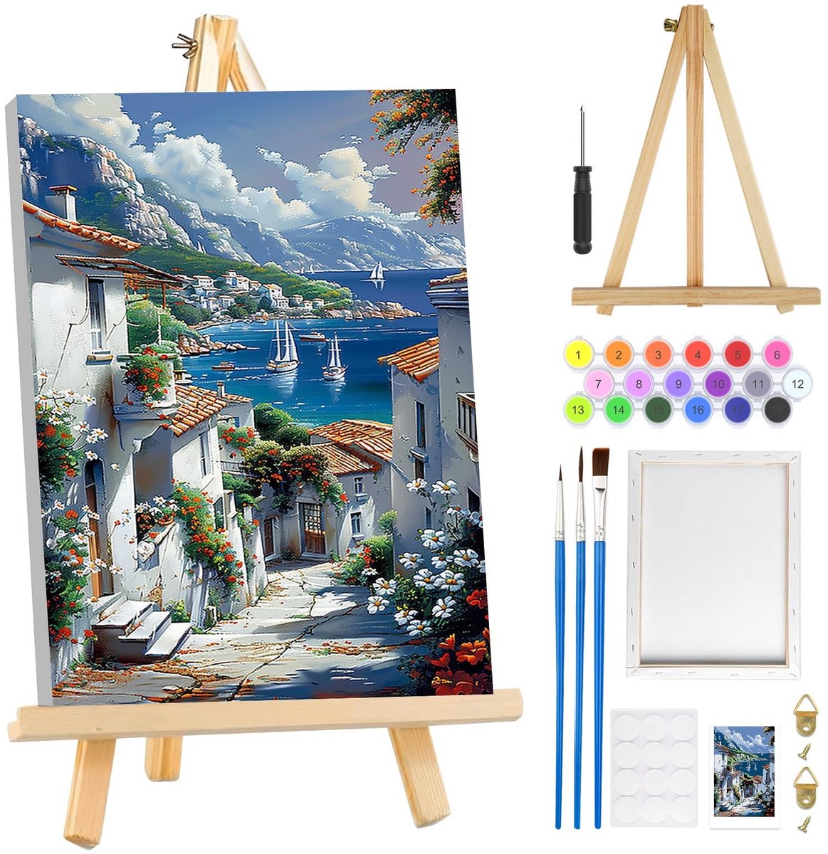 Dailygoods- Schilderen op Nummer - Kuststad - Met Lijst - Voor Volwassenen - Voor Kinderen - Inclusief Houten Ezel - Creatieve Hobby - Doe-het-zelf Schilderij