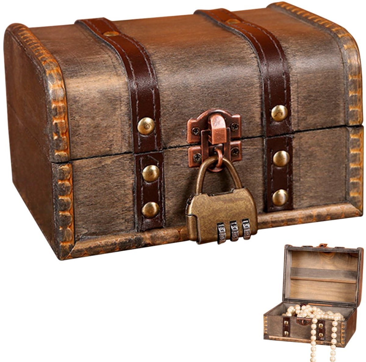 Dailygoods- Schatkist Retro - Houten Piratenkist - Schatkist met Cijferslot - Vintage Opbergdoos - 16 x 12 x 9,5 cm - Handgemaakt en Afsluitbaar
