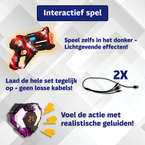 Interactief spel met oplaadbare laserpistolen, vesten met lichteffecten en realistische geluiden. Inclusief USB-laadkabel.