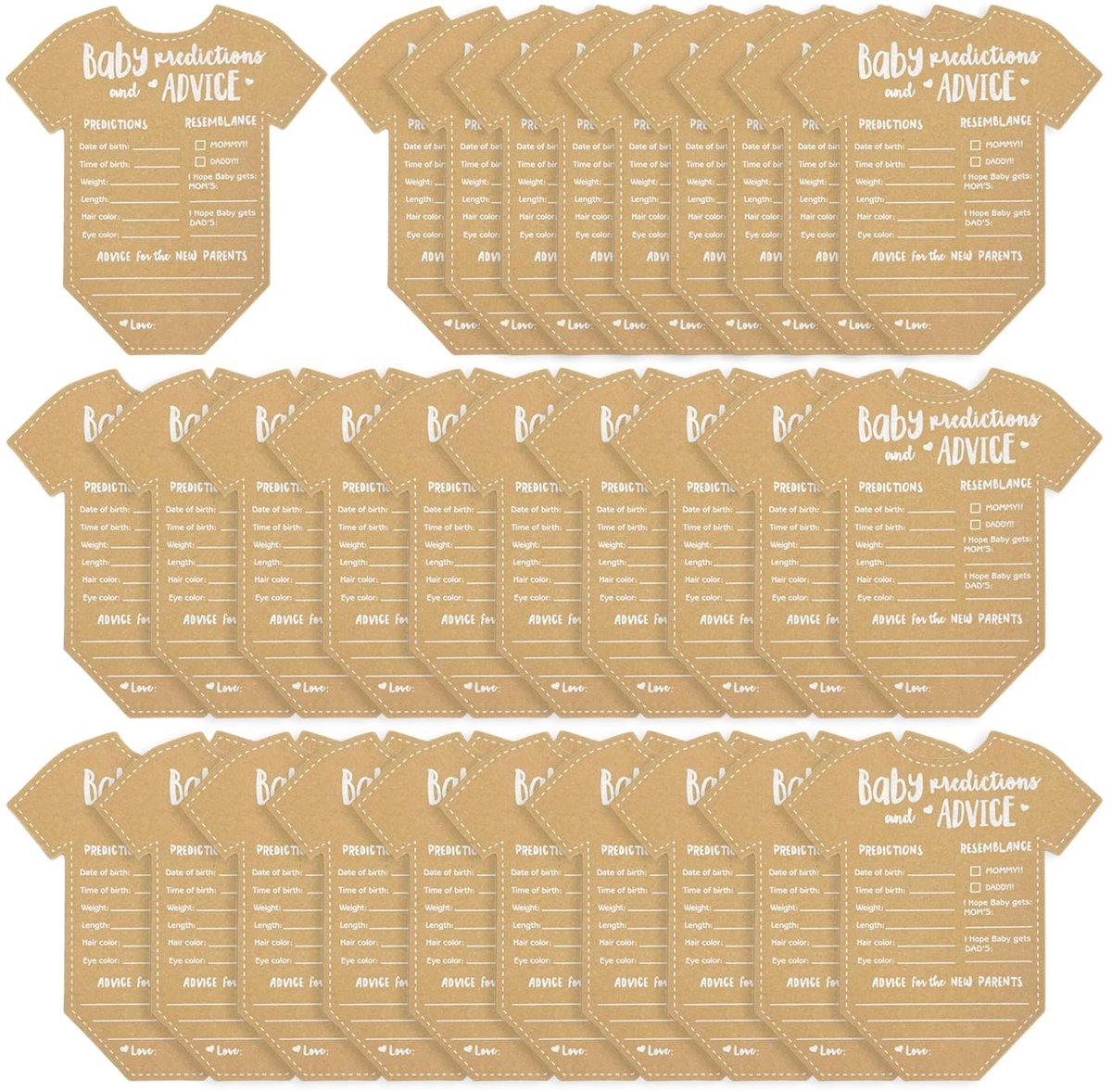Dailygoods- Voorspellingskaarten 30 stuks - Babyshower Kaarten - Babyfeestdecoraties - Geslachtsneutraal - Kaki Papier - 15 cm x 13 cm - Babyshowerkaarten