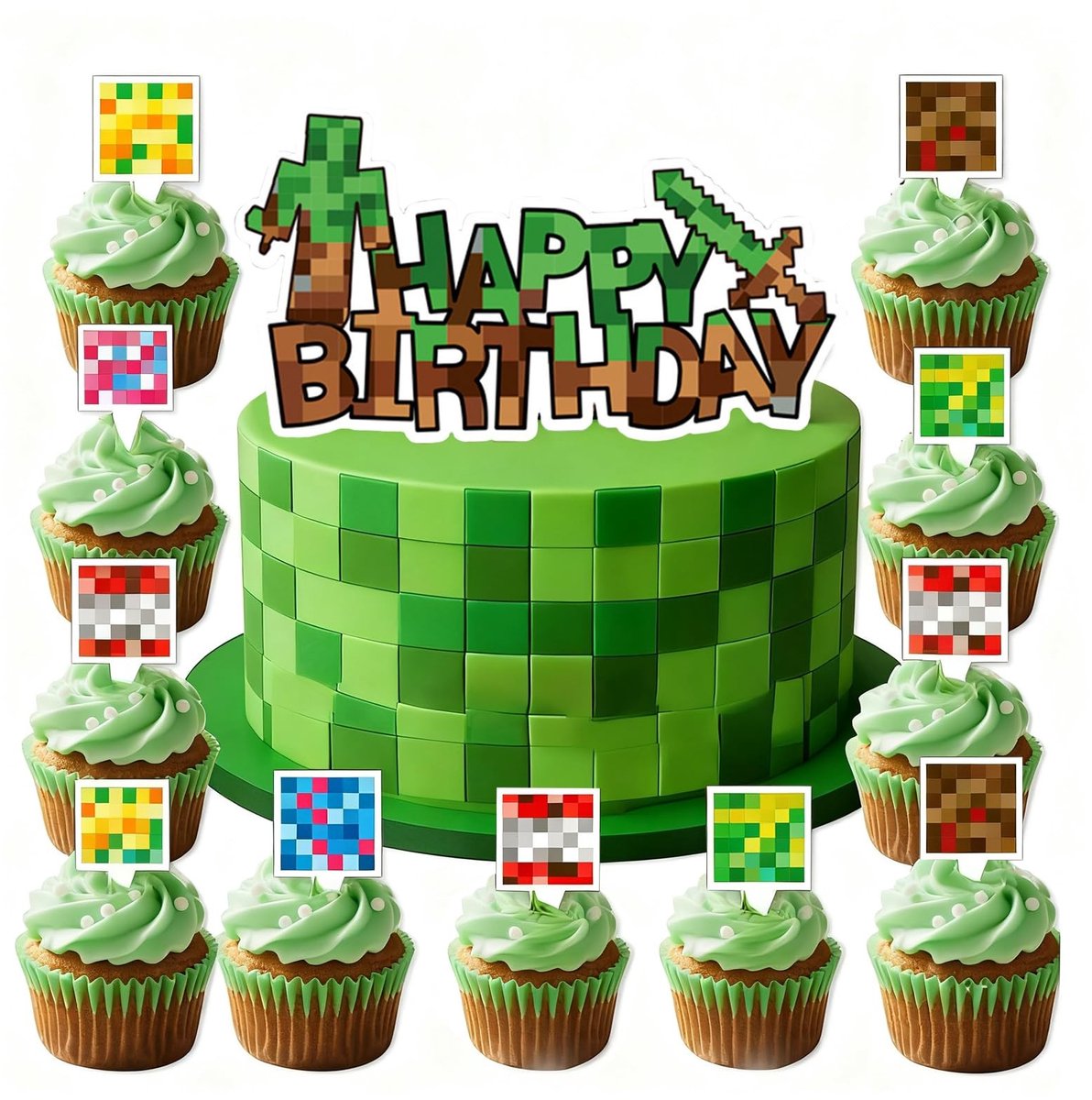 Dailygoods- Taartdecoratieset 25 Stuks - Happy Birthday Topper - Pixel Taartdecoratie - Cakedecoratie - Muffindecoratie - Gamer Verjaardag - Taartversiering