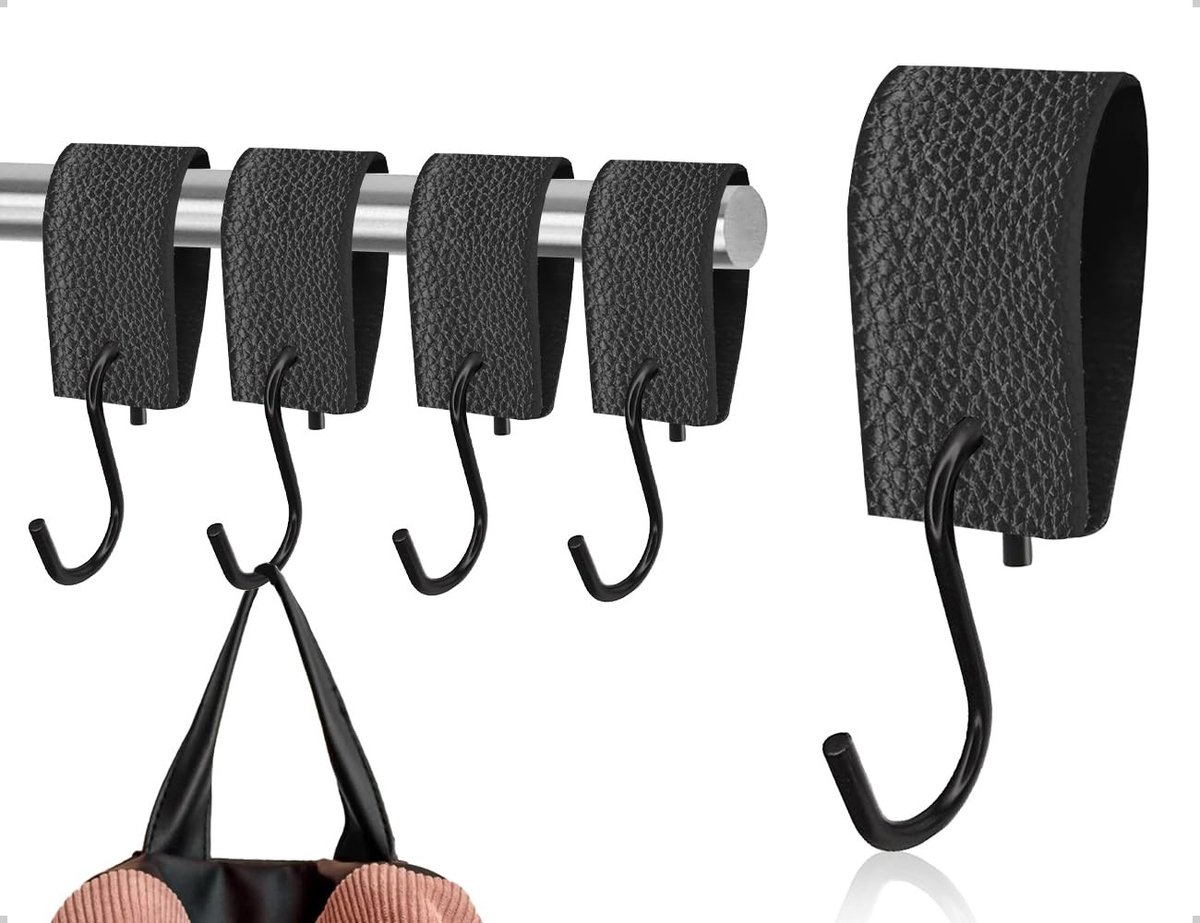 Dailygoods- Haak Set van 4 - S-Haak met Leren Lus - Kledinghaak - Wandhaak - Decoratieve Haak - Robuust Metaal en Leer - Haken