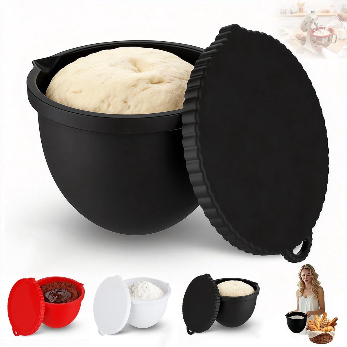 Dailygoods- Komvoeringen Set van 3 - Verdikte Siliconen - Antistolling - Met Deksels - Meetmarkeringen - Compatibel met Kenwood Chef - Mengkom