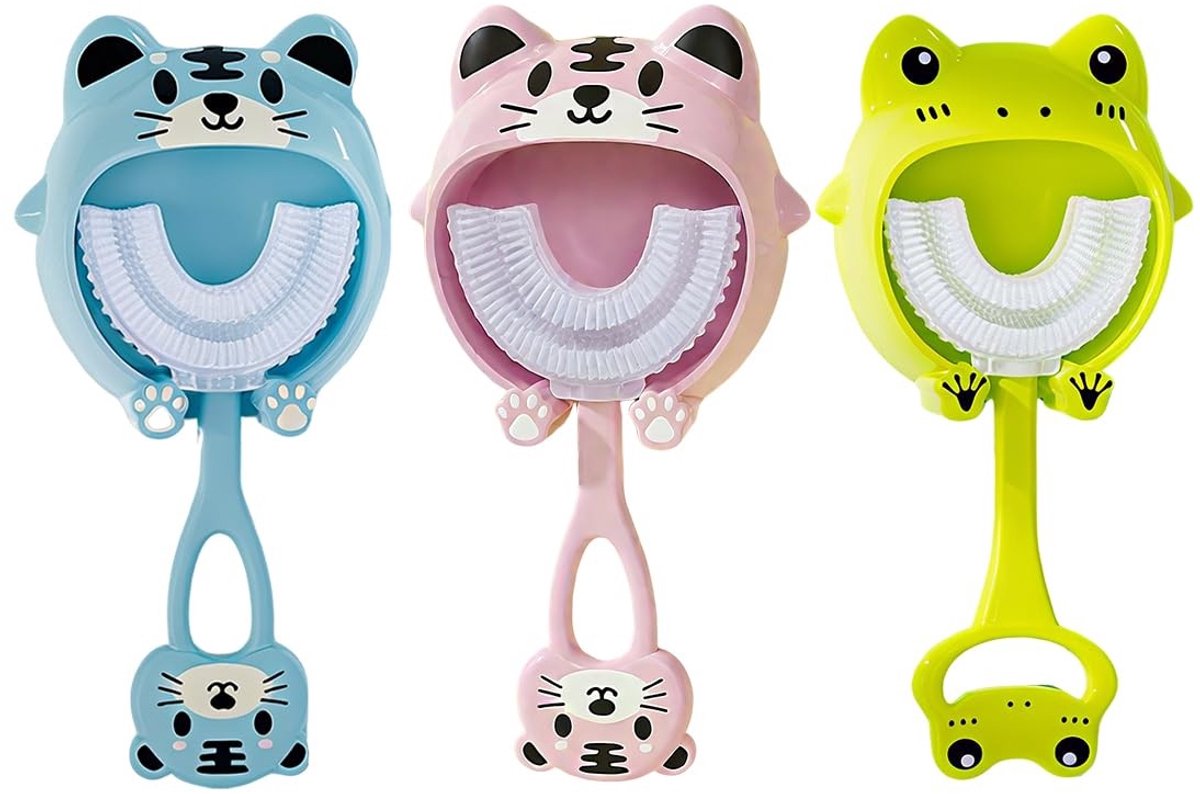 Dailygoods- Kindertandenborstel U-vormig - 360° Reinigingskop - Ergonomisch Ontwerp - Cartoonafbeeldingen - Set van 3 - Goede Mondhygiëne - Tandenborstel