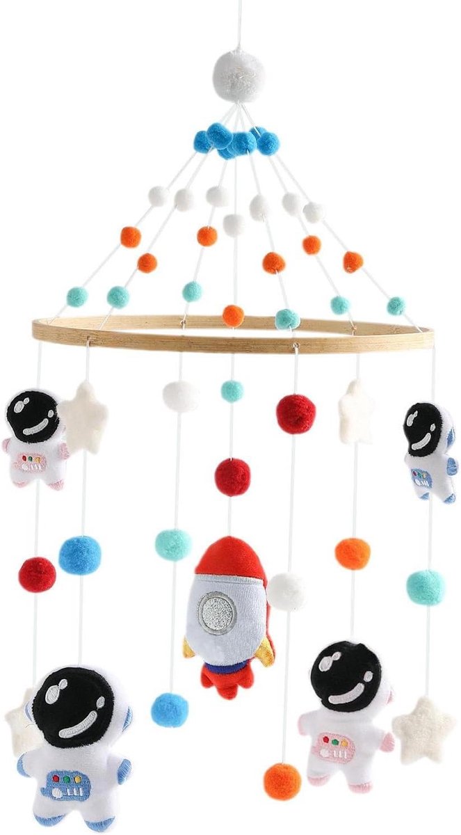 Baby Mobiel - Bed Rammelaar - Baby Kalmeren - Handgemaakt Ruimte Thema - 54x23 cm - Blauw Wit Rood