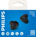 Zwarte verpakking met de Philips TAT1300 oordopjes. Kenmerken: Bass, IPX4, 24 uur batterijduur.