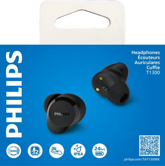 Zwarte verpakking met de Philips TAT1300 oordopjes. Kenmerken: Bass, IPX4, 24 uur batterijduur.
