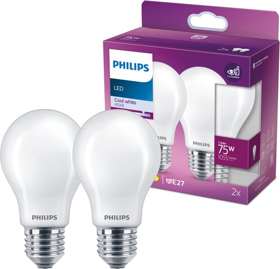 Verpakking met twee Philips LED E27 lampen, 75W, mat, koel wit 4000K.