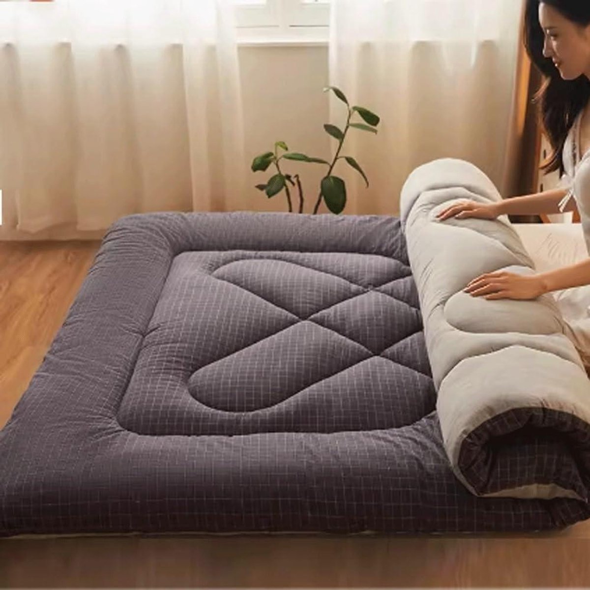Opvouwbare Futonmatras - Japanse Stijl Bed - Kamperen en Thuis - Zacht Katoen Garen - 120x200 cm - Grijs Raster