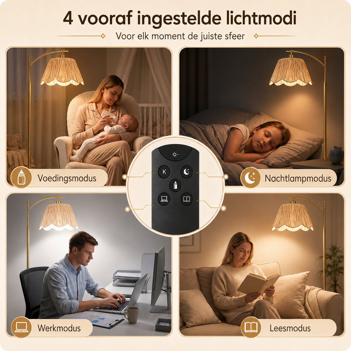 Rosnek Boho Vloerlamp Handgeweven - Rotan Look Staande Lamp met Afstandsbediening - Dimbaar 9W Slimme LED & Timer - Geheugenfunctie - Gevlochten Lampenkap - Voetschakelaar - Bohemian Japandi Interieur - voor Woonkamer Slaapkamer - Goud - 170 cm thumbnail 5