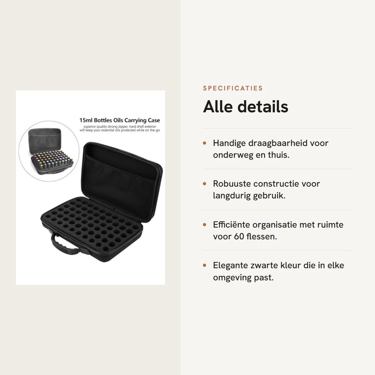 Dailygoods- Koffer voor Etherische Oliën - Draagbare Tas - 60 Vakken - 5/10/15 ml Flessen - 31 x 22,5 x 7,7 cm - Veilig en Georganiseerd - Opbergkoffer