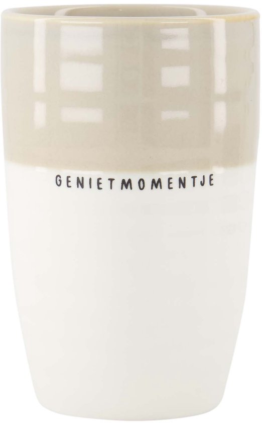 Tasse blanc et beige avec le texte GENIETMOMENTJE.