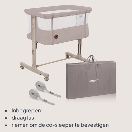 Beige co-sleeper, transporttas en bevestigingsriemen.
