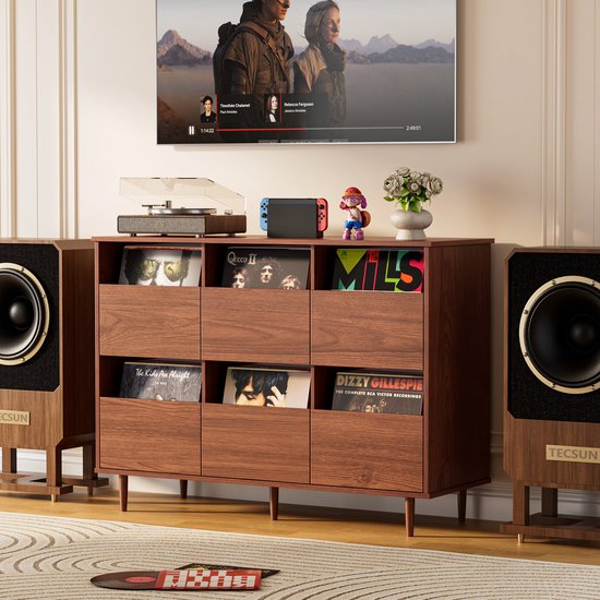 BROTTAR 47,2" platenspelermeubel bruin, vinylplatenkast voor 7"/10"/12" LP's, 6 opbergvakken, retro platenspelerkast voor woonkamer, muziekhoek en vinylverzameling — afbeelding 2