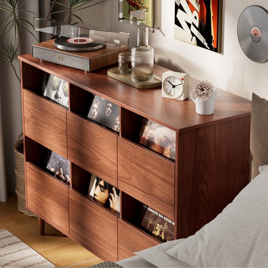 BROTTAR 47,2" platenspelermeubel bruin, vinylplatenkast voor 7"/10"/12" LP's, 6 opbergvakken, retro platenspelerkast voor woonkamer, muziekhoek en vinylverzameling — afbeelding 4