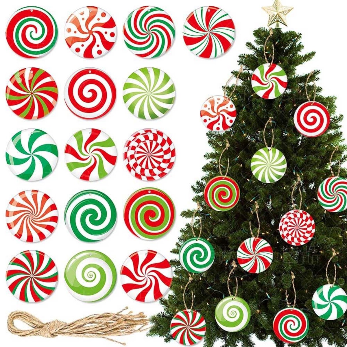 Dailygoods- Kerstdecoraties 16 Stuks - Snoep Boom Ornamenten - Kleurrijke Lolly Pepermunt - Feestdecoratie - Winter Decor - Papieren/Jute Versieringen - Kerstboomversieringen