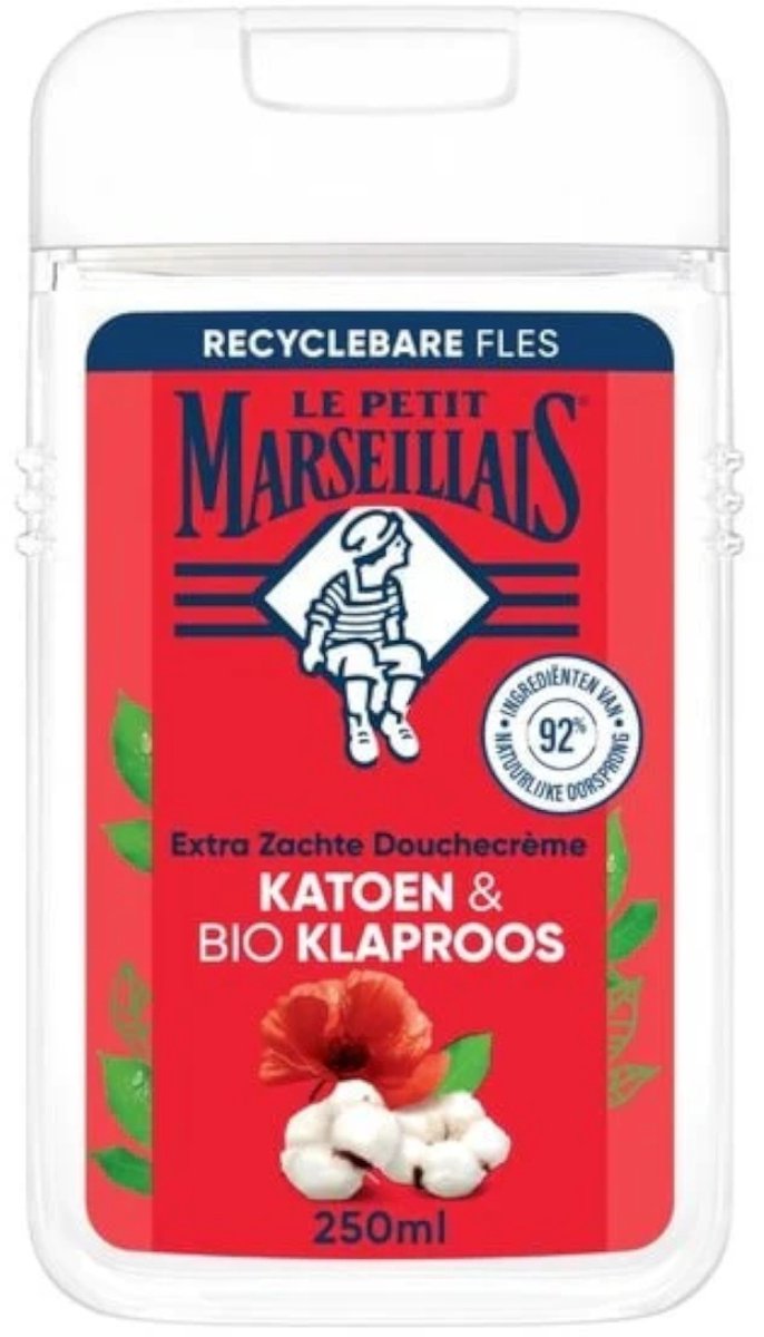 Le Petit Marseillais Crème de Douche Extra Douce Coton & Coquelicot BIO, pH neutre pour la peau et testée sous contrôle dermatologique, 250 ml