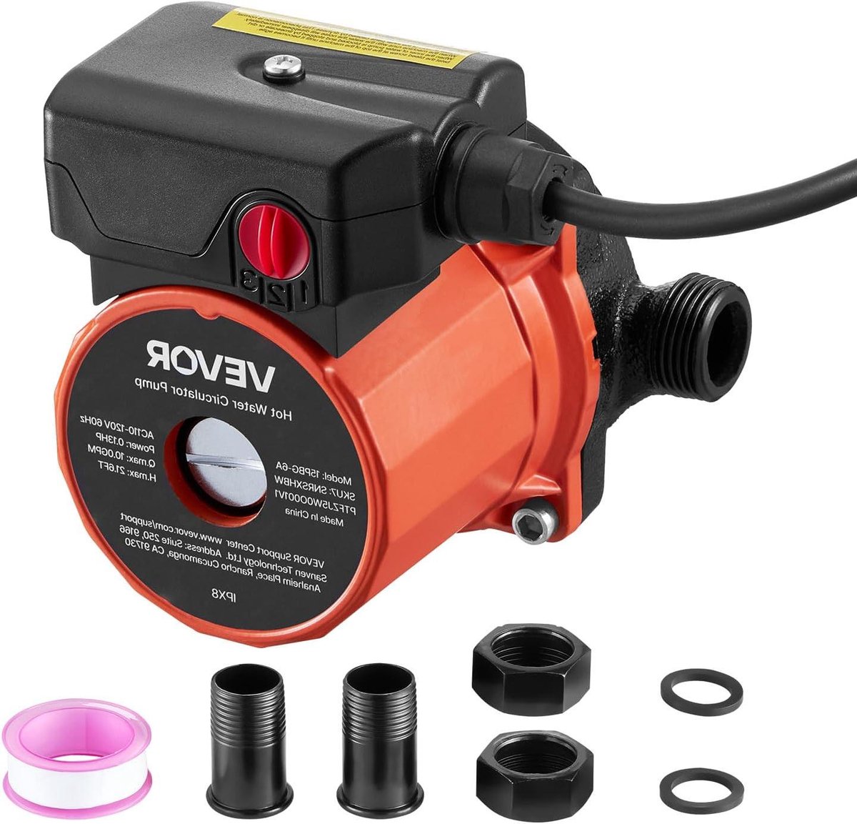 Circulatiepomp - Warmwaterpomp - Direct heet water - 3-traps snelheidsregeling - 38 LPM - Oranje/Zwart