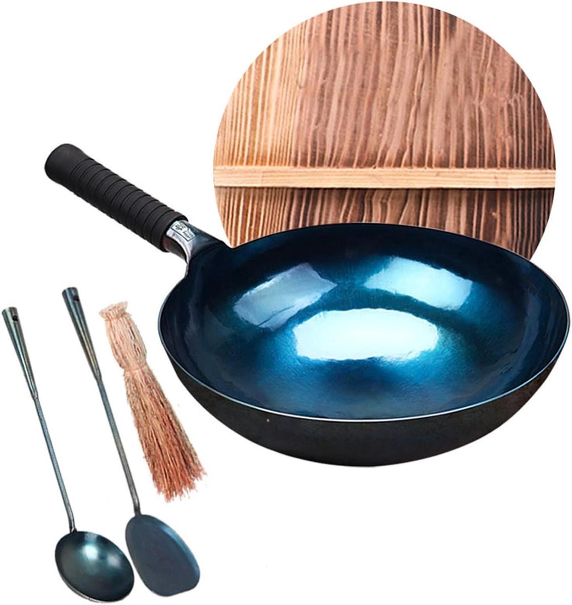 Handgemaakte Wok - Gietijzeren Pan - Aziatisch Koken - Ongecoat IJzer - 32 cm - Zwart