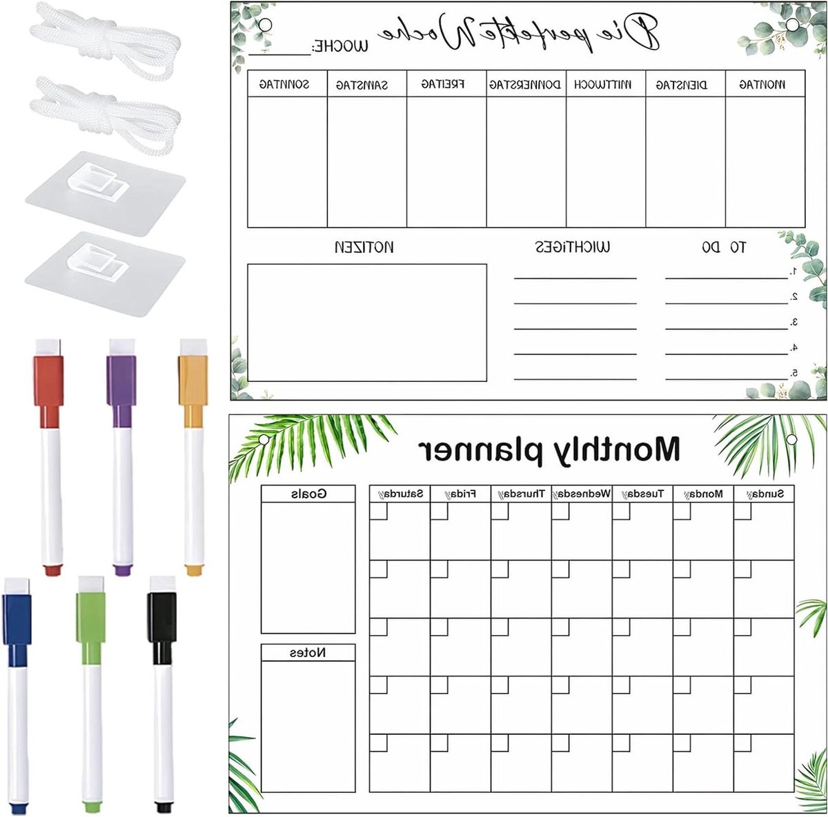 Weekplanner Koelkast - Maandkalender Set - Dagelijks Organiseren - Afwasbaar Acryl - 2 Stuks 30x20cm - Transparant