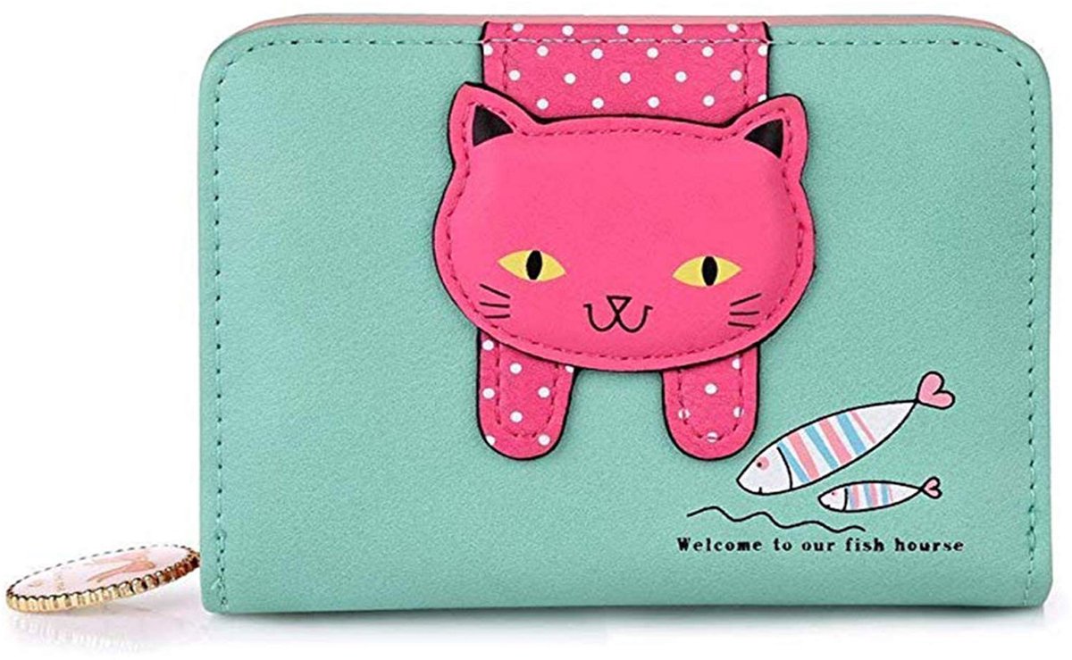 Dailygoods- Portemonnee Schattige Kat - Mini Leren Portemonnee - Duurzaam PU-leer - Compact Formaat - Metalen Ritssluiting - Antioxiderend en Lichtecht - Miniportemonnee