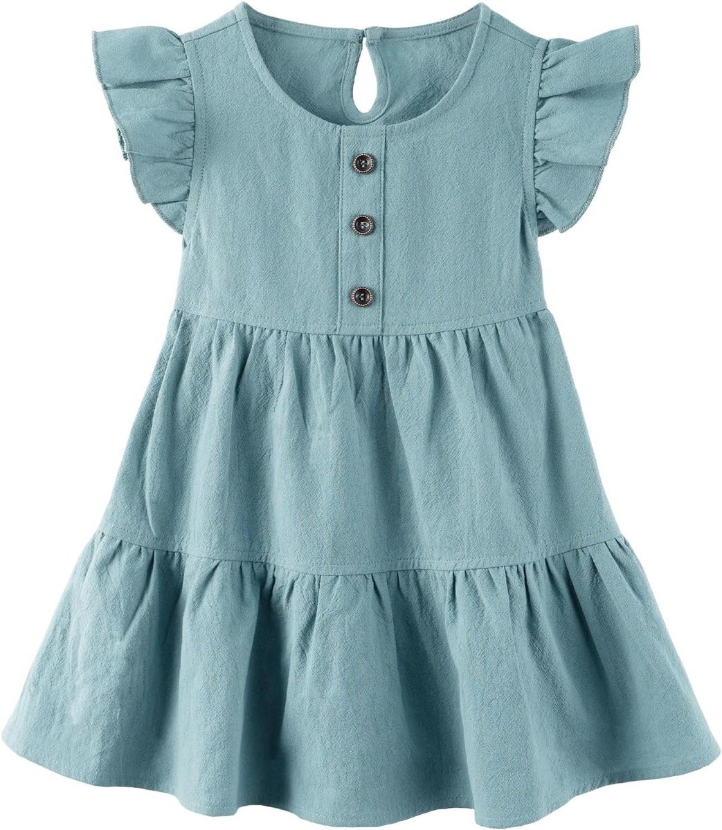 Zomerjurk Meisjes - Casual Kinderkleding - Feest Strand - Open Rug - 6-7 Jaar - Merelblauw