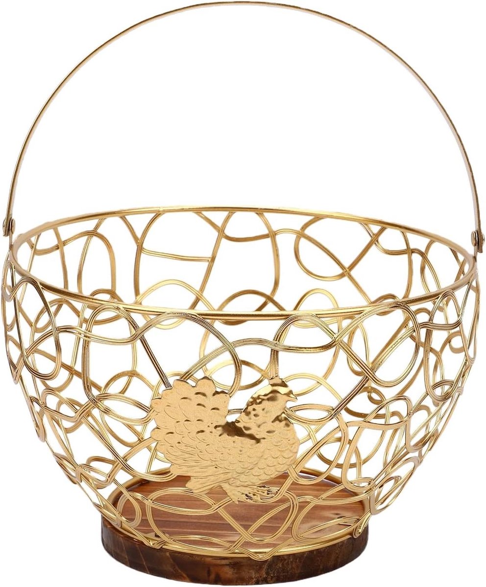 Metalen Eiermand - Keukenmand Boerderij - Eieren Opbergen - Decoratief Haan Patroon - 21x21x15 cm - Goudkleurig