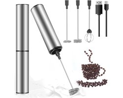Elektrische Melkopschuimer - Mini Mixer - Drankjes Bereiden - USB Oplaadbaar - 3 Opzetstukken - Zilver
